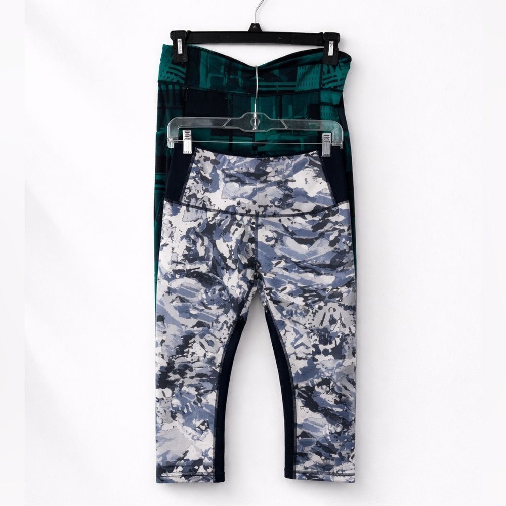 Lucy Crop Leggings Set of 2 Green & Blue Print High Rise Yoga Size M